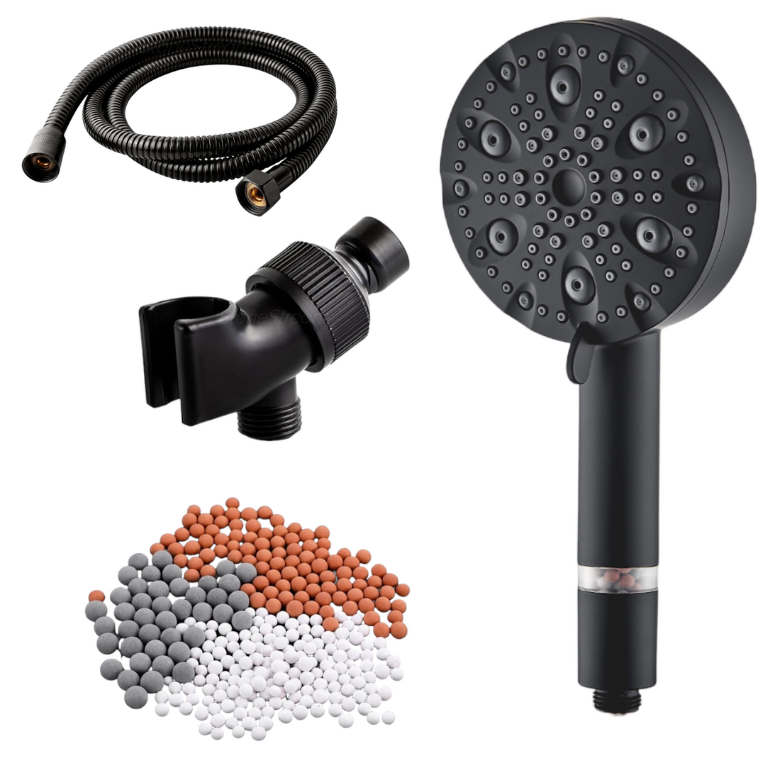 EcoLux 9-mode Black Stainless Steel Shower Head + Wall Adapter Kit