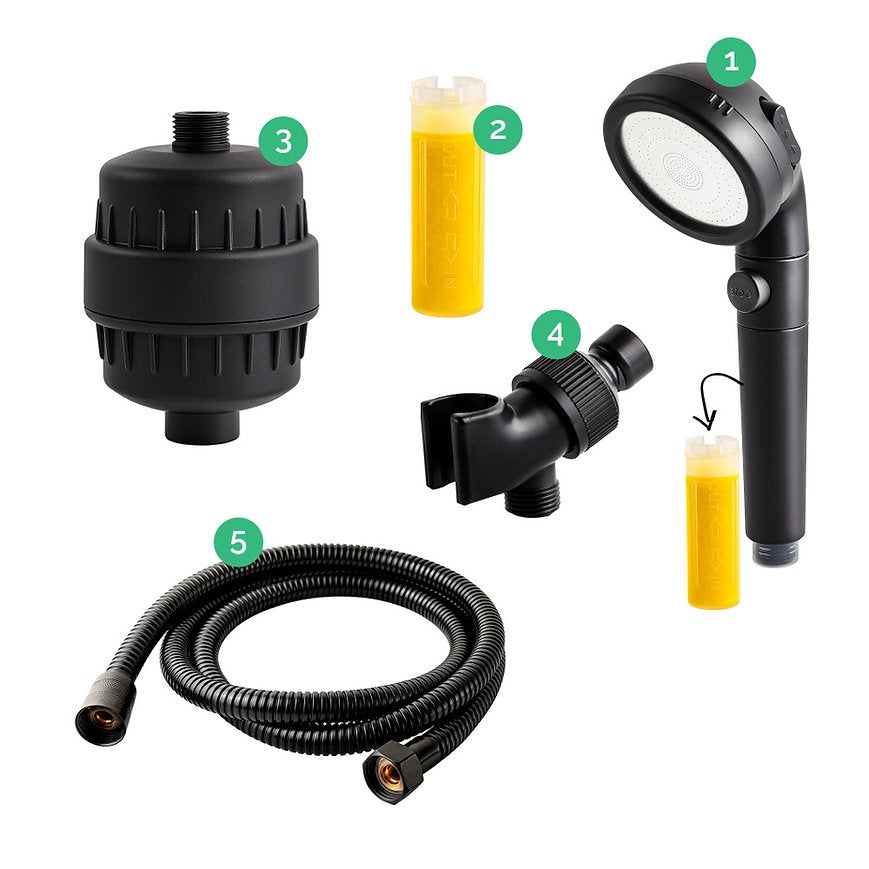 Black Ecopower Shower Head with Hard Water Filtration Kit