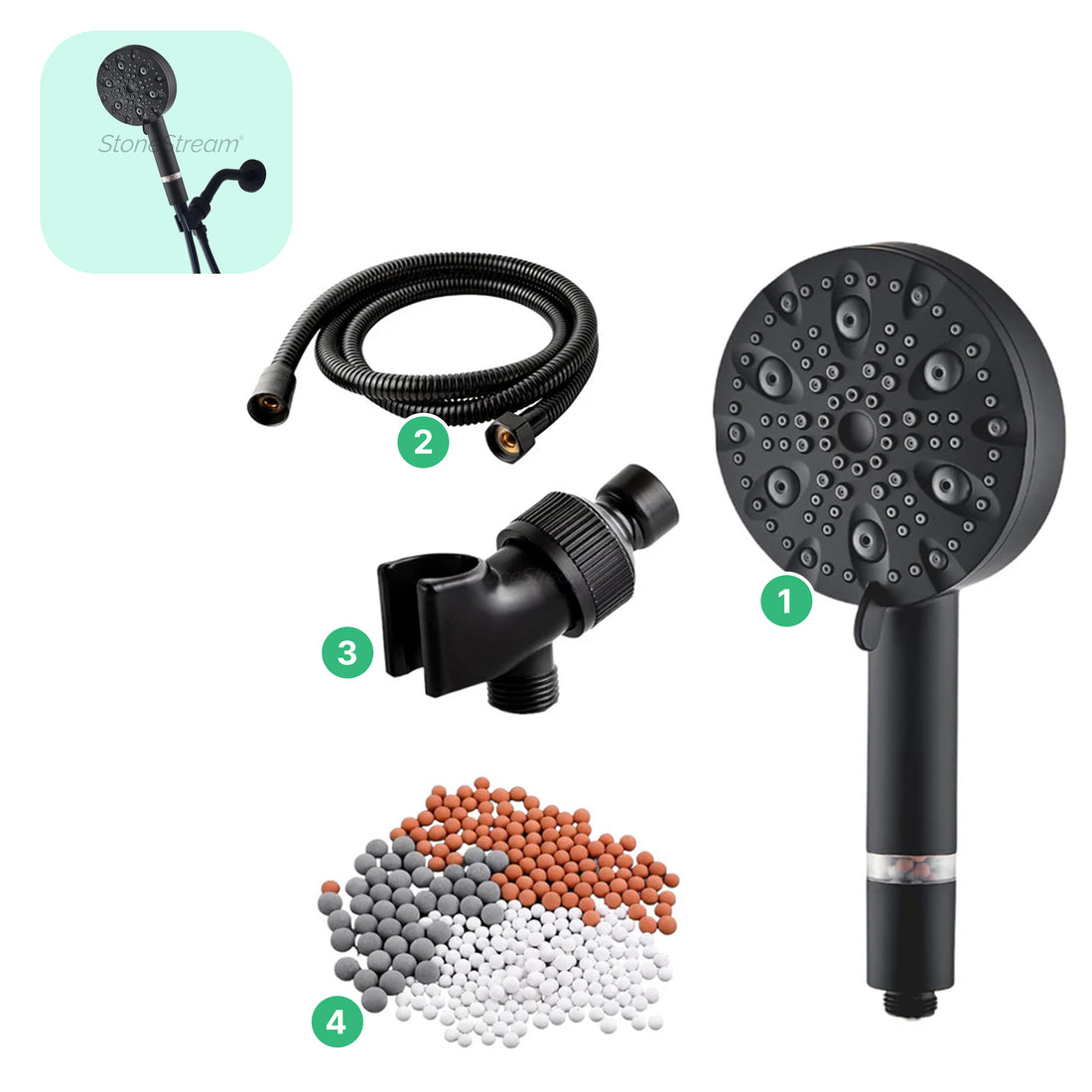 EcoLux 9-mode Black Stainless Steel Shower Head + Wall Adapter Kit