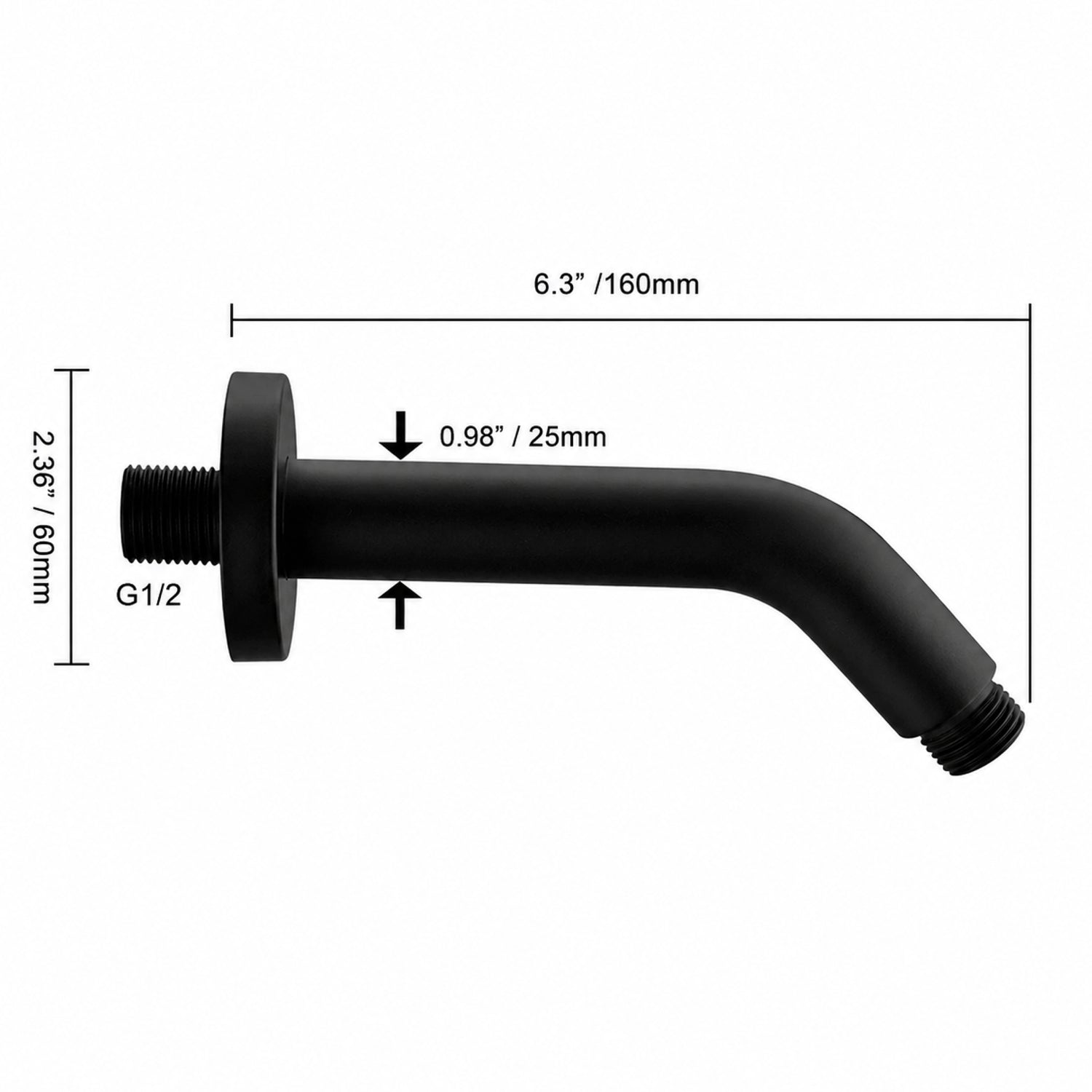 Shower Head  Arm for Wall-Mount Shower - Matte Black - 1/2 inch thread